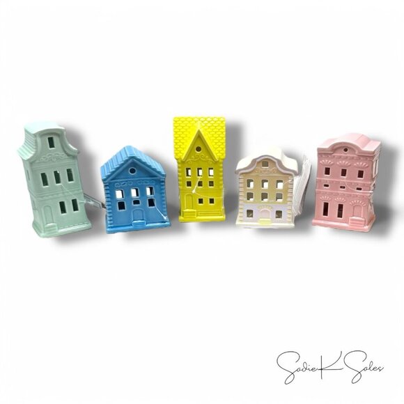 Target Bullseye Easter Ceramic Pastel Light Up Village Houses LED Set of 5 - Picture 9 of 9